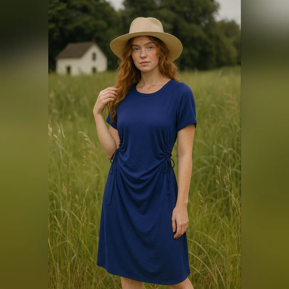 Lands' End New Blue Ruched Dress Size Large - Picture 1 of 11